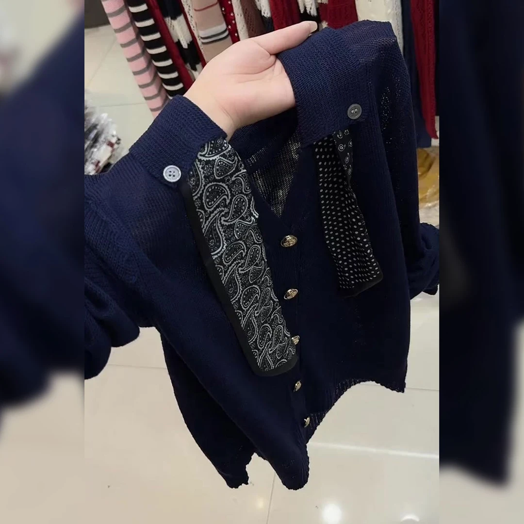 复古显白藏蓝色针织衫上衣女早秋2025新款设计感小众百搭防晒小衫
