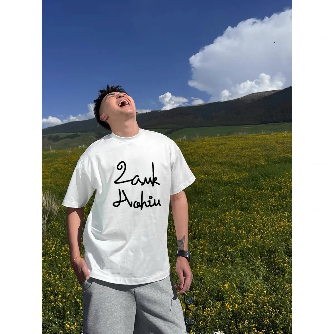 潮牌字母印花圆领短袖T恤男士痞帅夏季宽松百搭休闲白色ins上衣服