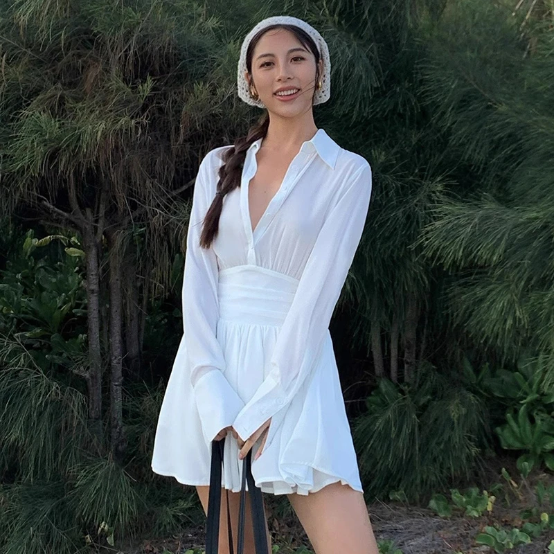 【有里布】法式衬衫连衣裙短款设计收腰显瘦长袖小个子短裙D0386