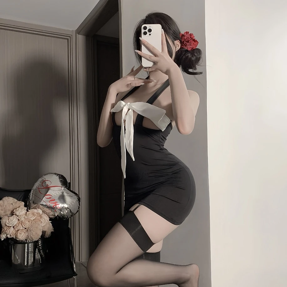 新款纯欲风睡衣性感内衣秘书制服火辣蝴蝶结包臀裙黑色约会战袍