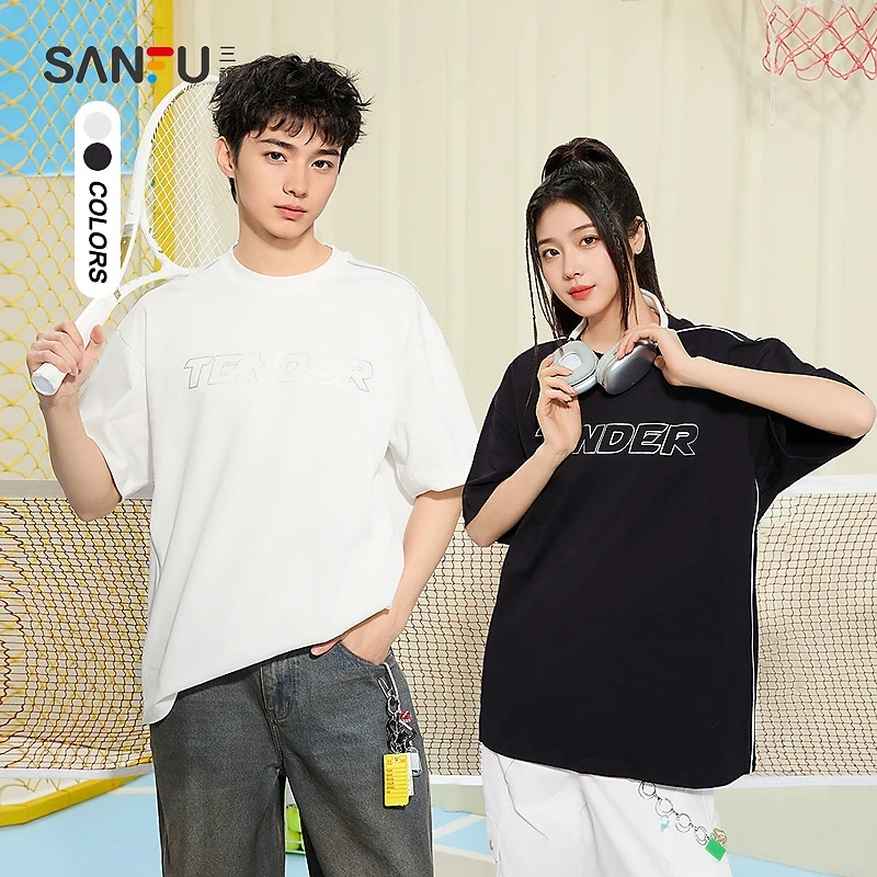 三福2025夏季男士烫银滚边短T恤 时尚休闲微落圆领上衣496434