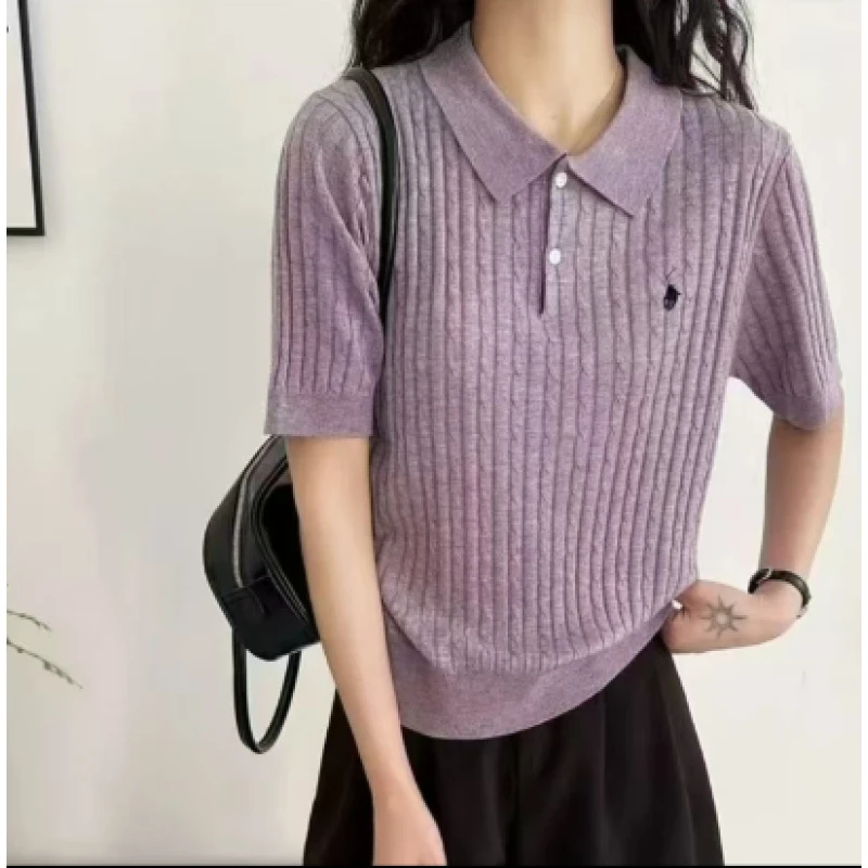 【麻花方领战马-紫色】麻花时尚减龄方领修身条纹短袖T恤半袖ol126