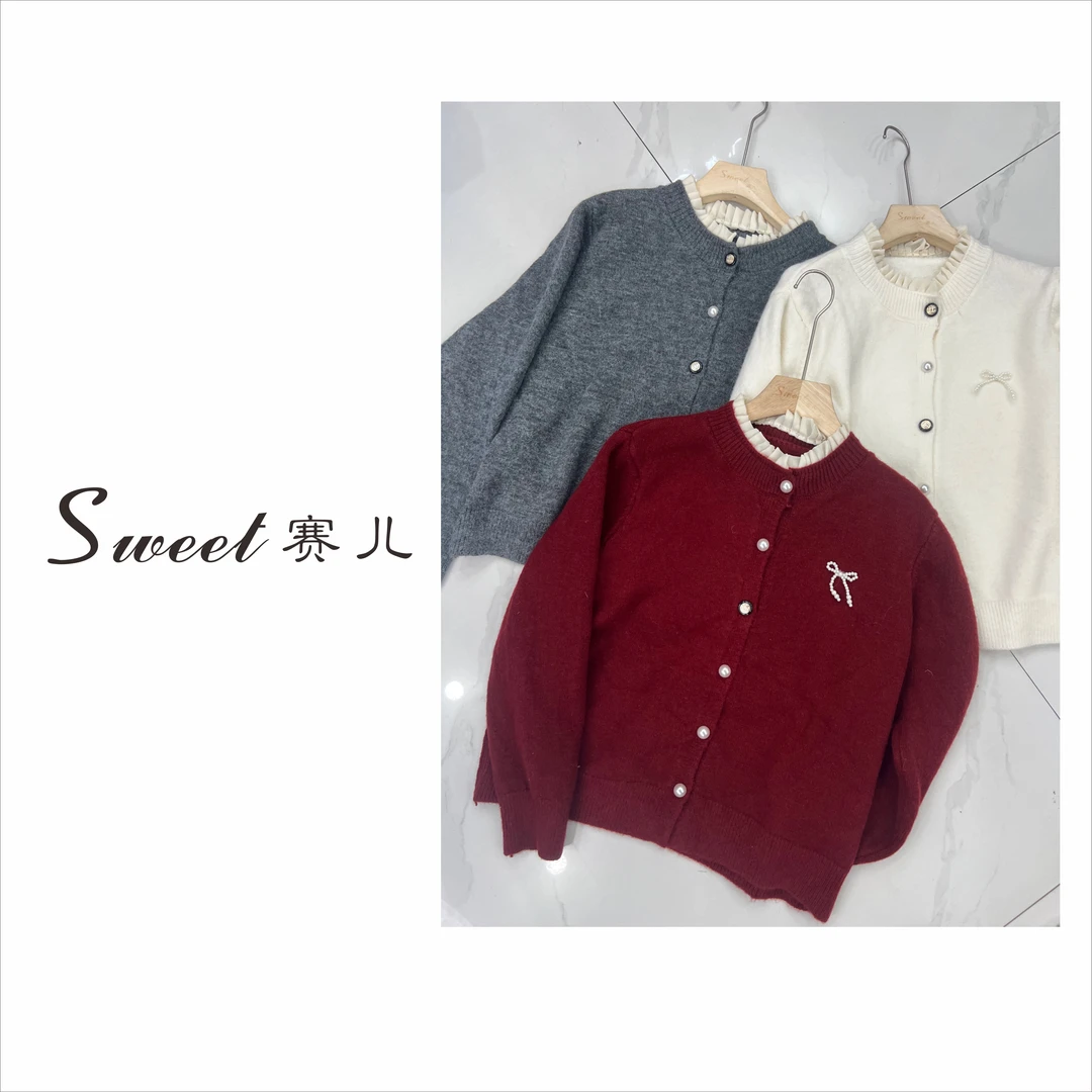 【时节如流】｛4953｝珍珠蝴蝶结针织毛衫