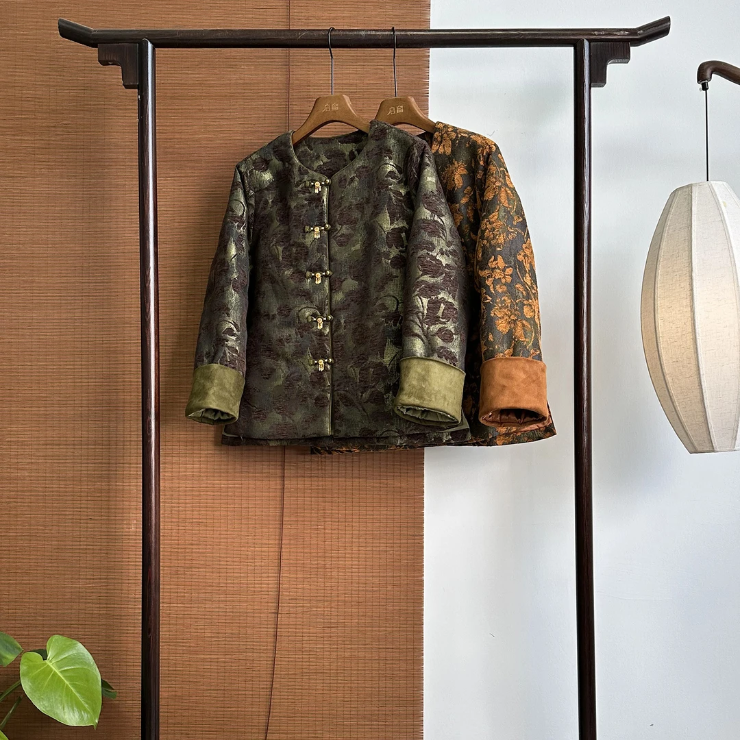 【253058】落叶潇湘  新中式55姆米 手工捏花扣子棉服外套