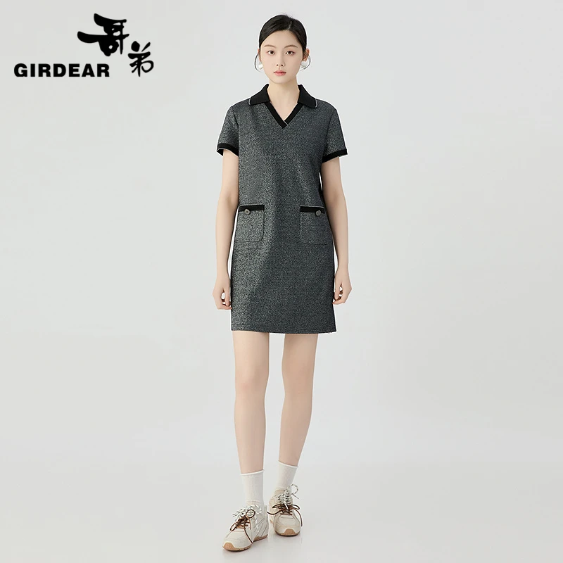 哥弟 小香风Polo领质感葱纱短袖连衣裙1500547长款