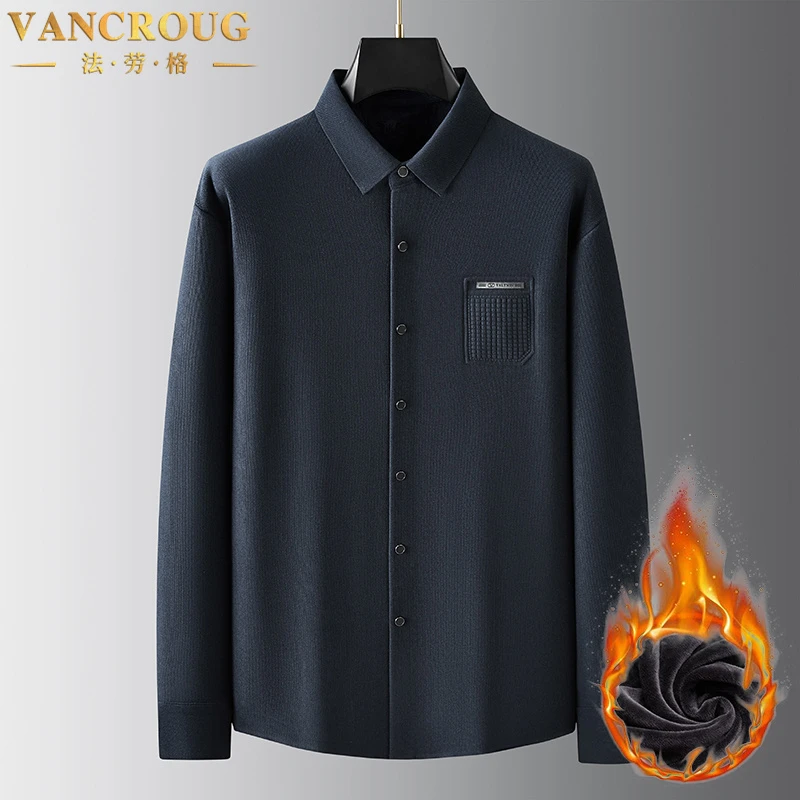 VANCROUG/法劳格长袖衬衫男士秋冬宽松大码加绒加厚保暖弹力衬衣