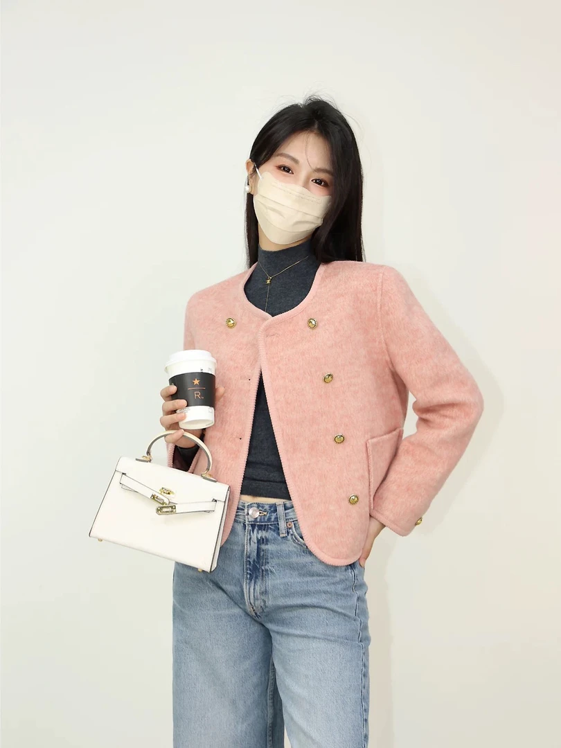 百搭小香风圆领双排扣常规短外套复古上衣秋季气质23d051