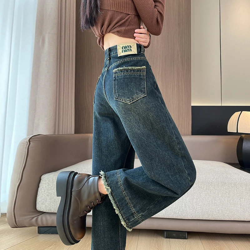 复古阔腿牛仔裤女春秋2025新款高腰宽松显瘦小个子九分毛边直筒裤