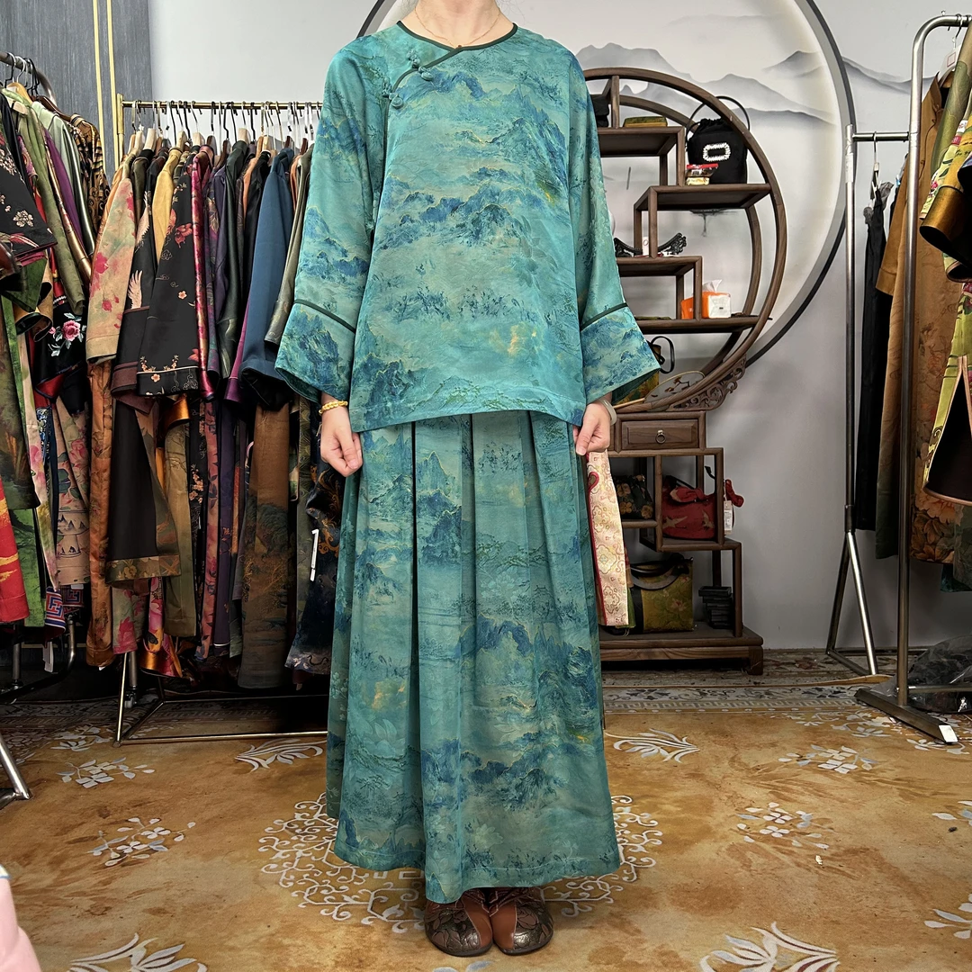 40姆米花萝蓝色千里江山套装100桑蚕丝香云纱