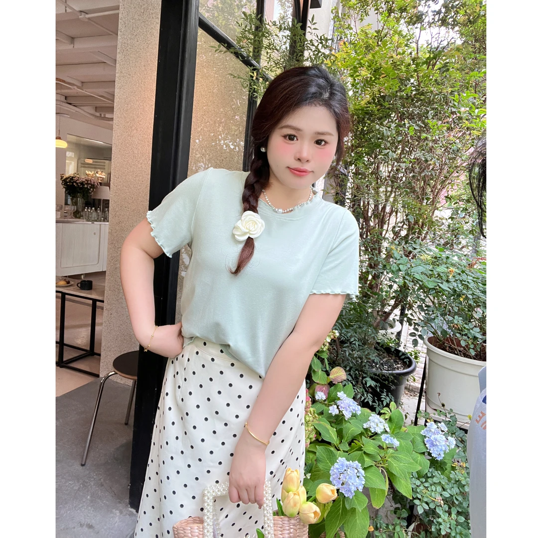 【青苍】大头婷微胖定制夏季T恤圆领小木耳边正肩短袖上衣