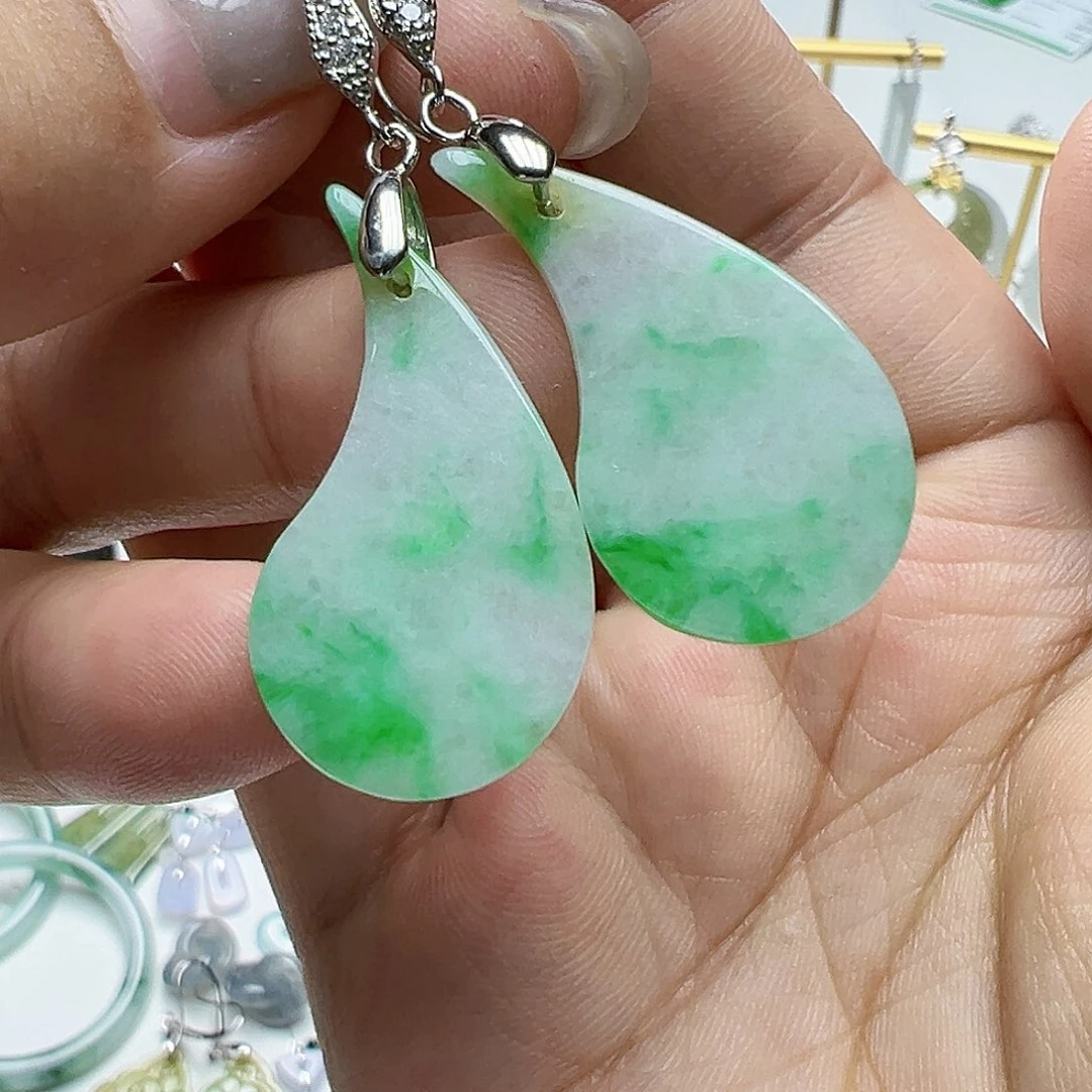 翡翠银S925镶嵌耳饰天然缅甸A货翡翠