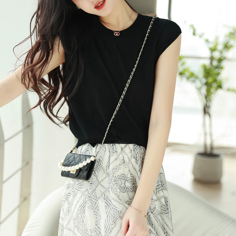 新款上衣通勤优雅纯色圆领小包袖后背坑条针织T恤女0073