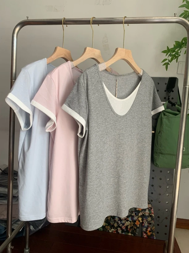 套装针织T恤显瘦打底衫背心假两件高弹力短袖t恤短袖百搭夏季