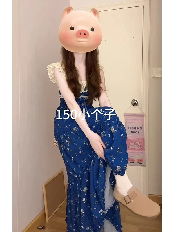 法式复古蓝色碎花小飞袖连衣裙蕾丝拼接收腰露背气质长裙夏季优雅