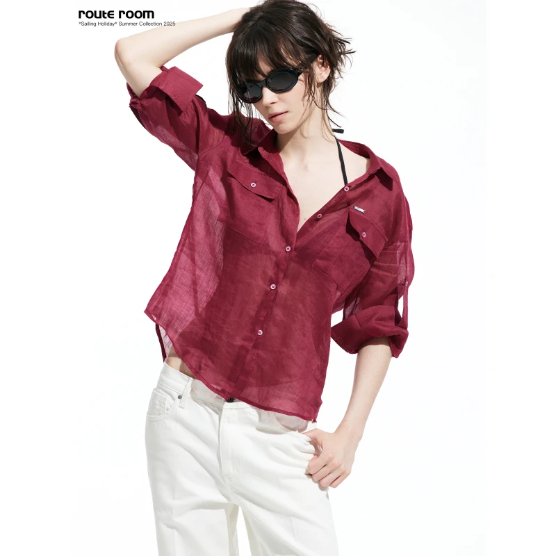 routeroom航海假日·馥郁梅子 苎麻双口袋翻袖慵懒衬衣