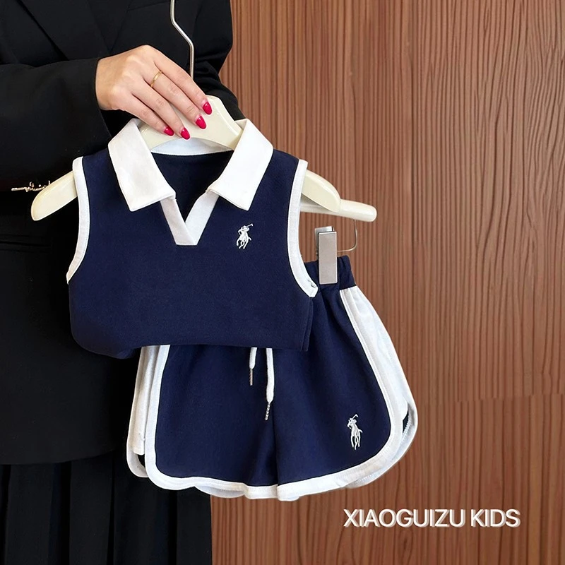 女童学院风套装夏季2025新款儿童洋气休闲无袖背心短裤运动两件套