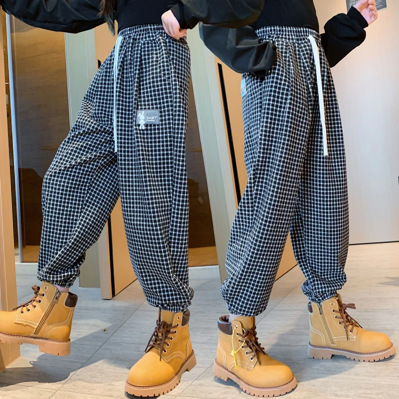 女童春装裤子2025新款中童洋气女孩春秋裤子春季格子休闲运动长裤