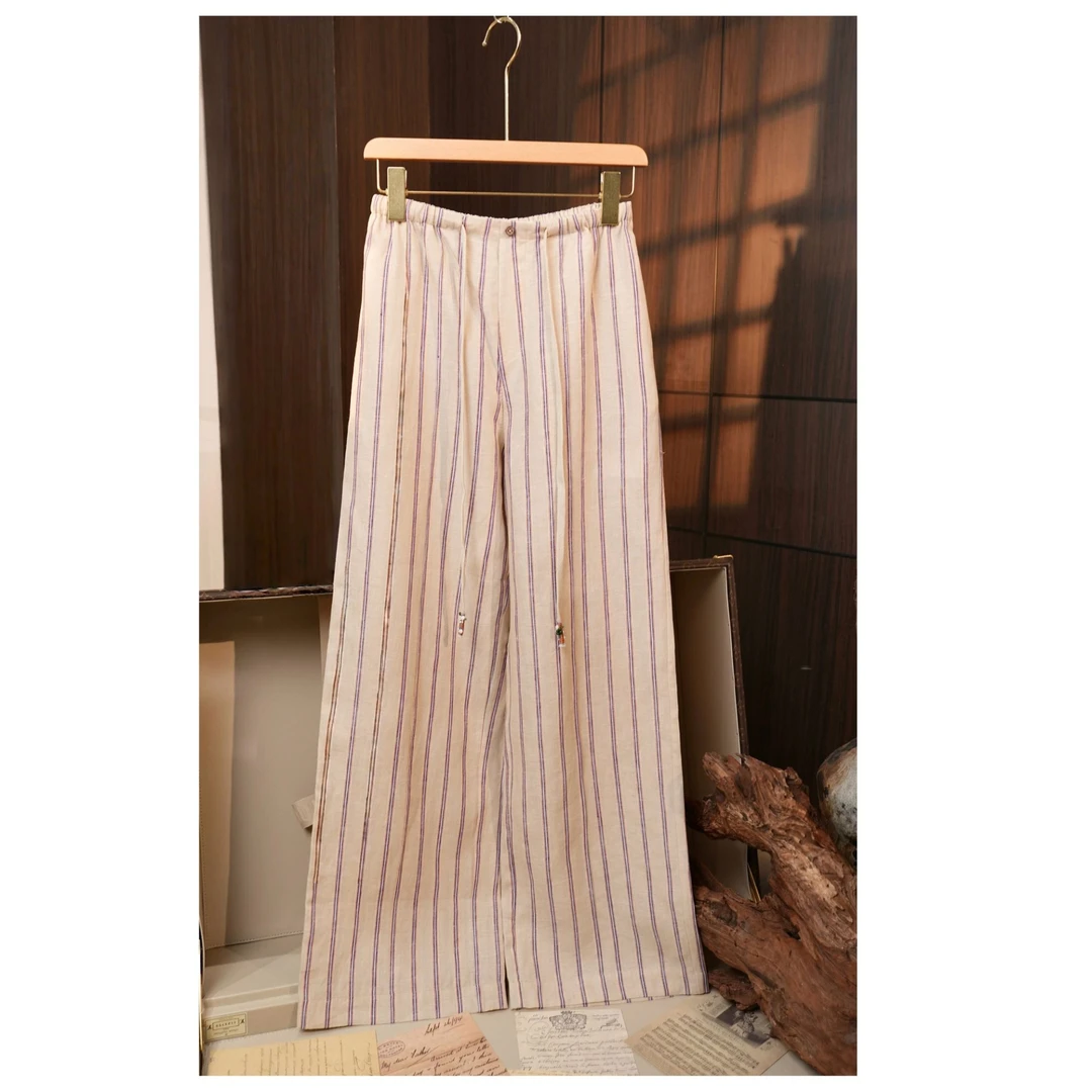 喵喵家【意大利软麻】时尚百搭条纹气质休闲宽松女条纹裤