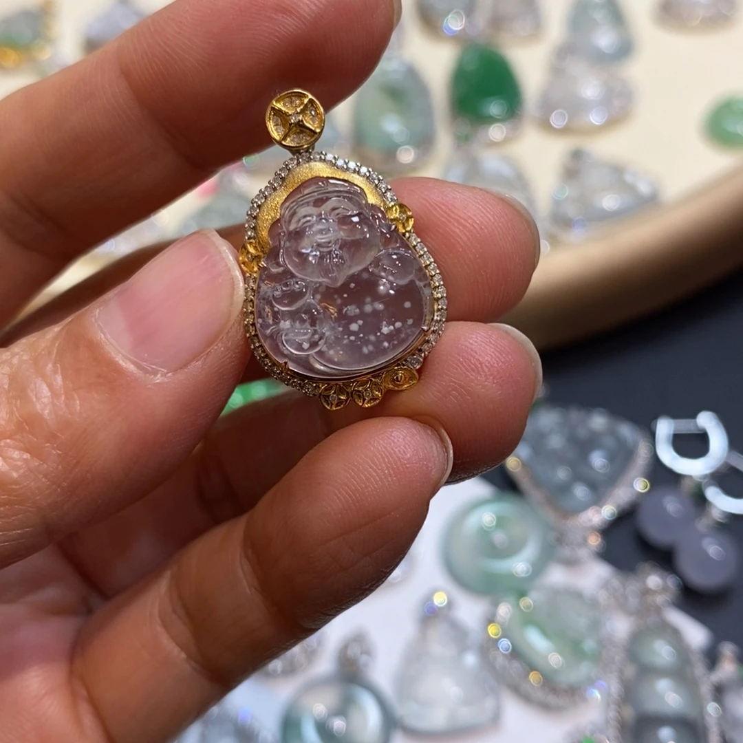 翡翠18K金镶嵌吊坠(不含链)财神爷