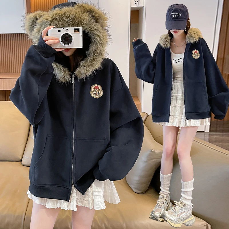 美式可爱小熊耳朵毛领连帽卫衣女秋冬季设计感小众学院风开衫外套