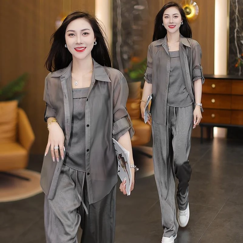 时尚套装女夏季新款长袖防晒衬衫吊带防蚊阔腿裤洋气质显瘦两件套