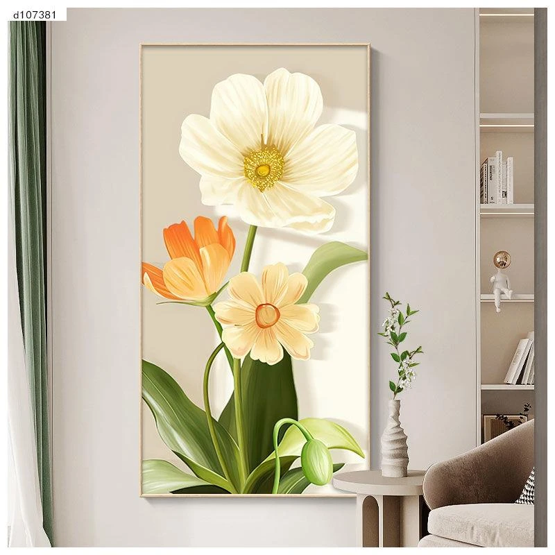 轻奢现代简约入户奶油走廊花卉玄关装饰画挂画客厅过道竖版壁画