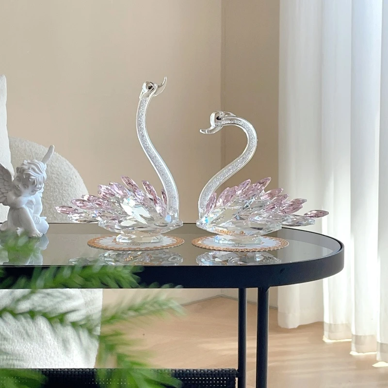 粉色水晶天鹅玄关电视柜酒柜家居装饰品摆件轻奢花瓶摆件