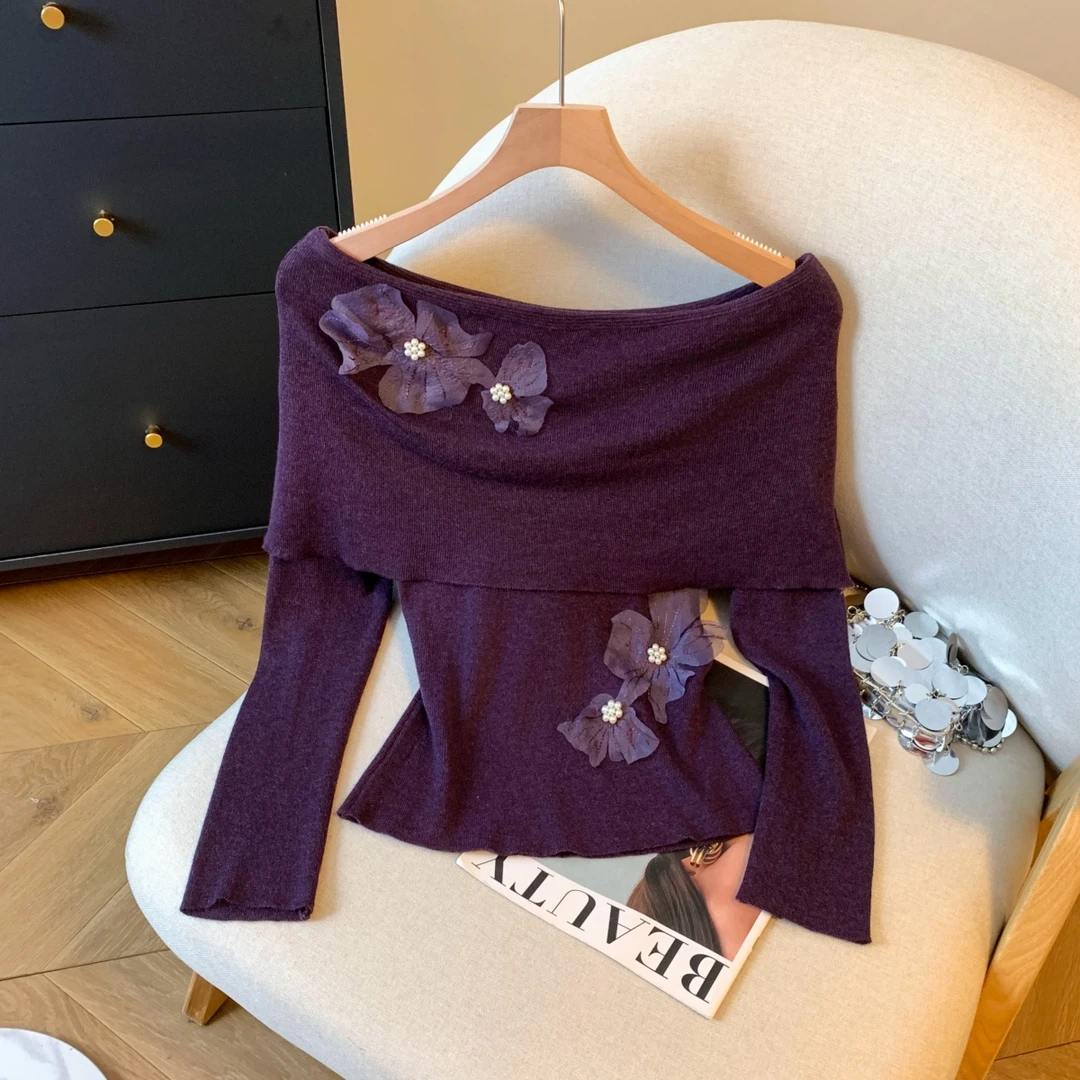 紫色法式气质一字领立体花朵针织衫显瘦针织衫修身打底衫上衣