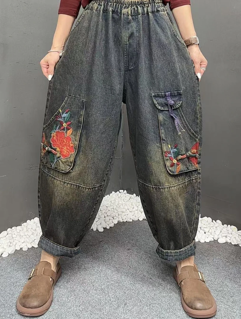 牛仔裤早秋新款8169双大兜盘扣老爹裤水洗百搭宽松韩版时尚复古