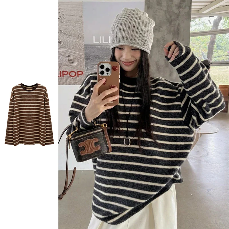 黑白条纹针织打底衫女早秋单穿长袖上衣2025新款秋冬宽松毛衣t恤