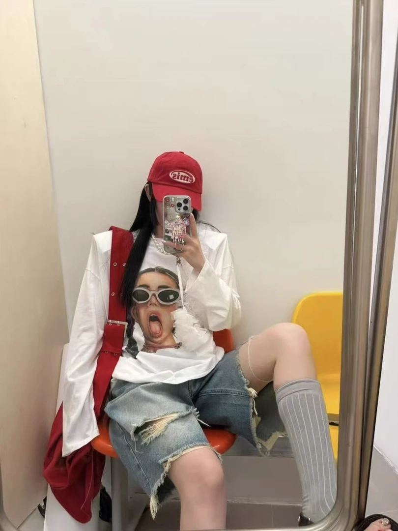 夏季宽松新款卡通防晒长袖t恤女宽松垫肩大版中长款上衣