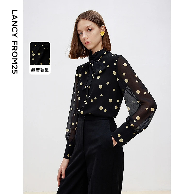 朗姿2025年新款黑色衬衣波点印花法式蝴蝶结领设计感气质衬衫