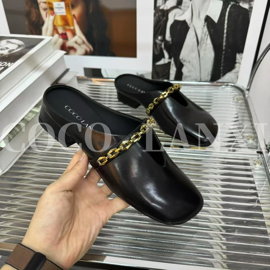 【恩禾】小香风时尚包头拖金色链圆头百搭舒适气质拖鞋 25TX253LX