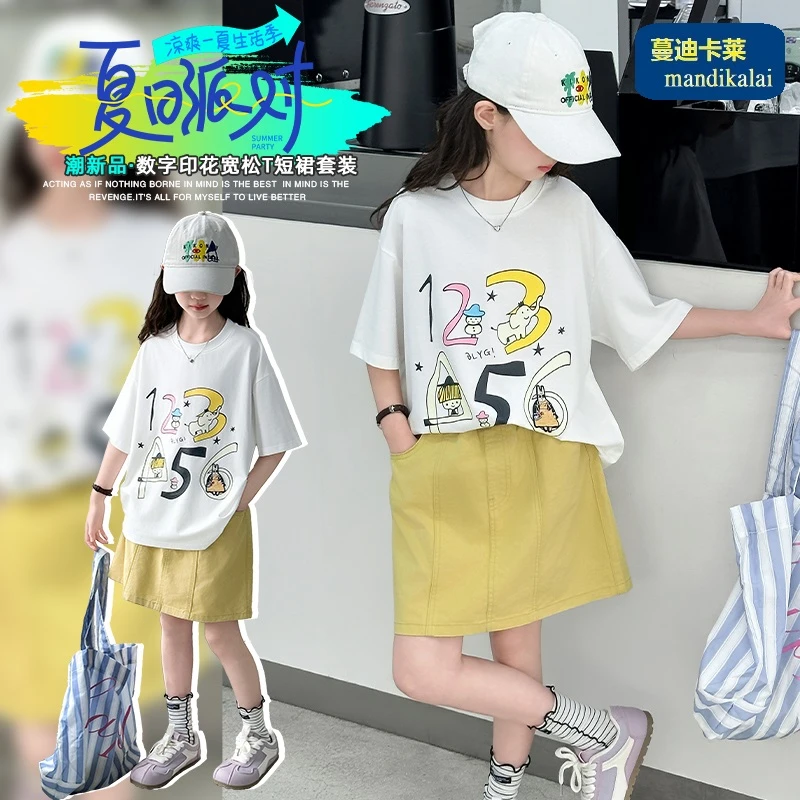 印花休闲夏季纯色文字套装中大童上衣夏款常规女孩童装套头洋气