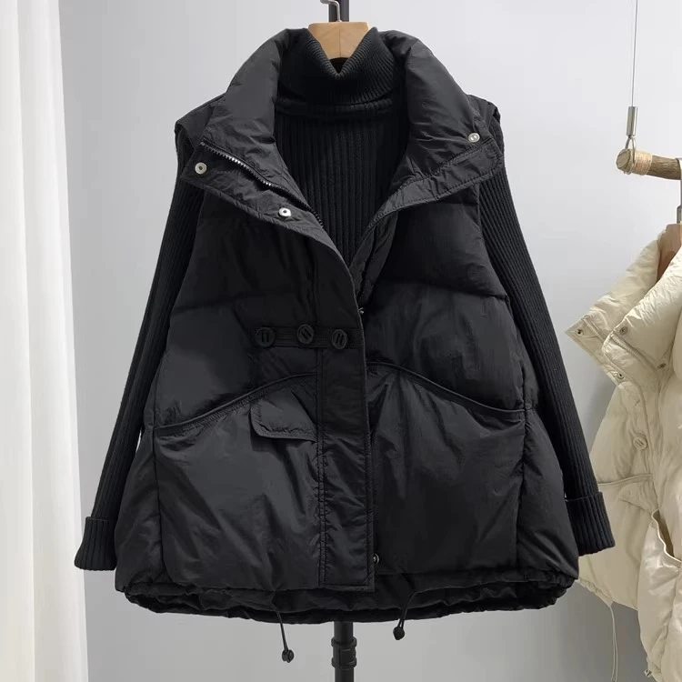 2025冬季新款中长款羽绒服女韩版加厚立领小个子白鸭绒面包服外套