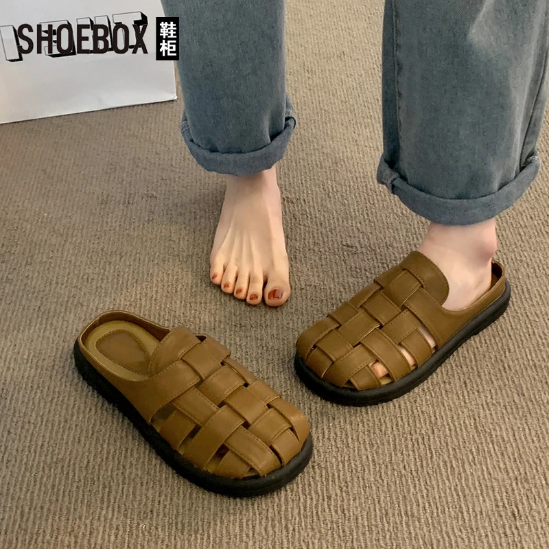 SHOEBOX鞋柜百搭罗马包头拖鞋女2025夏季凉鞋编织半拖猪笼凉鞋
