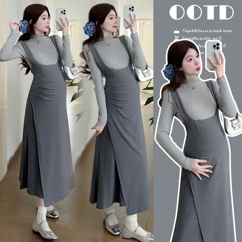孕妇春装套装2025新款早春长袖打底衫时尚鱼尾裙中长款吊带连衣裙