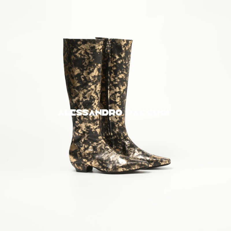 AP洛哥43221XC【金辉墨影】印花牛皮黑金色方尖头闪亮时尚百搭长靴