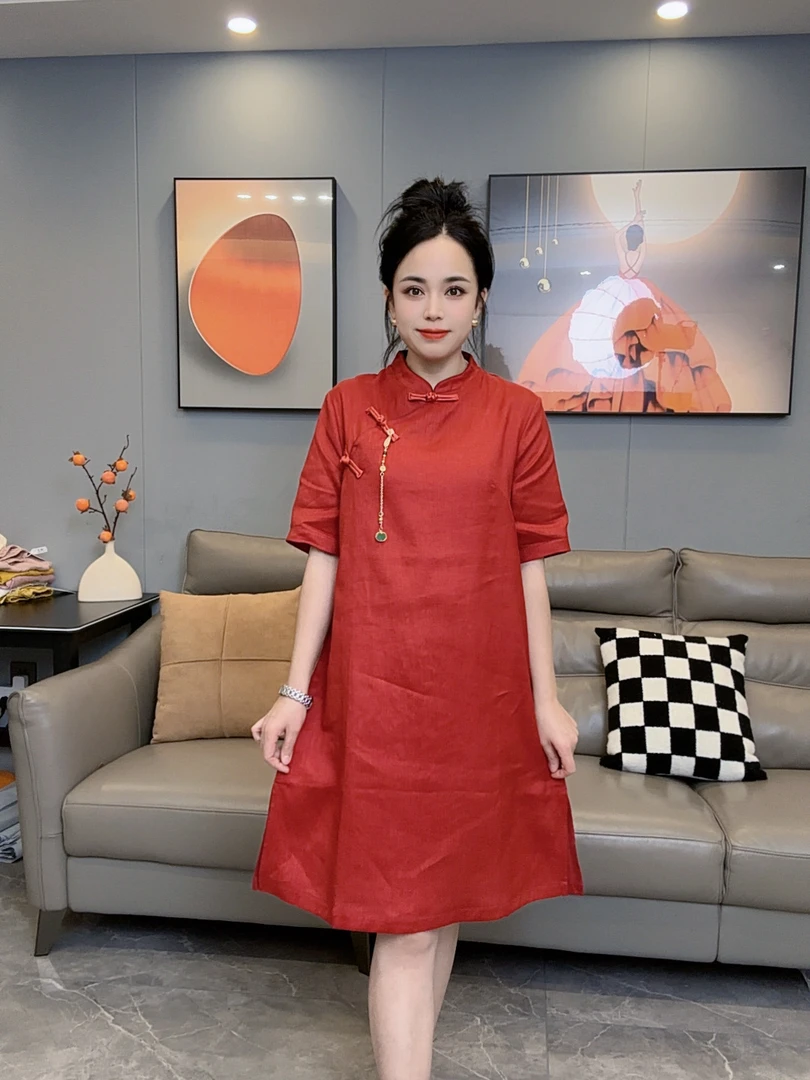 中长裙立领韩版夏季中裙旗袍裙时尚女装民族风复古亚麻裙6667