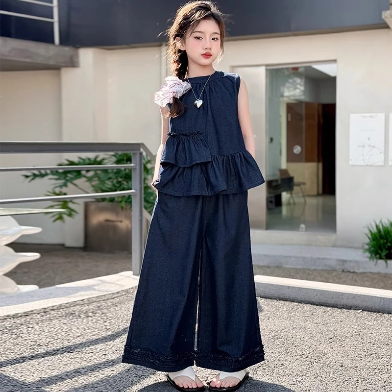 女童夏装套装2025新款儿童洋气时髦牛仔背心阔腿裤休闲衣服两件套
