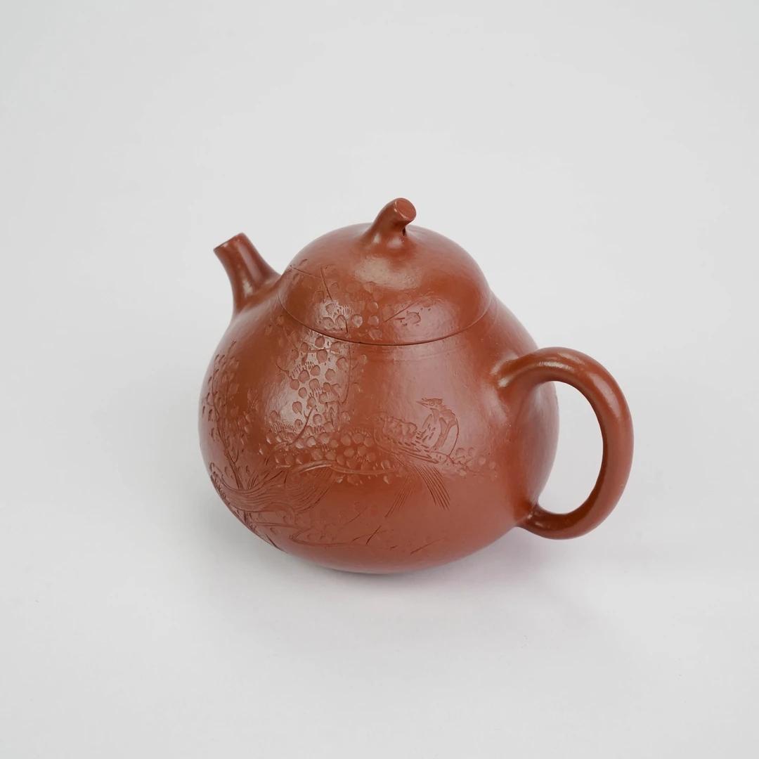YT-4014宜兴原矿手工紫砂壶赵庄朱泥刻绘茄瓜130CC