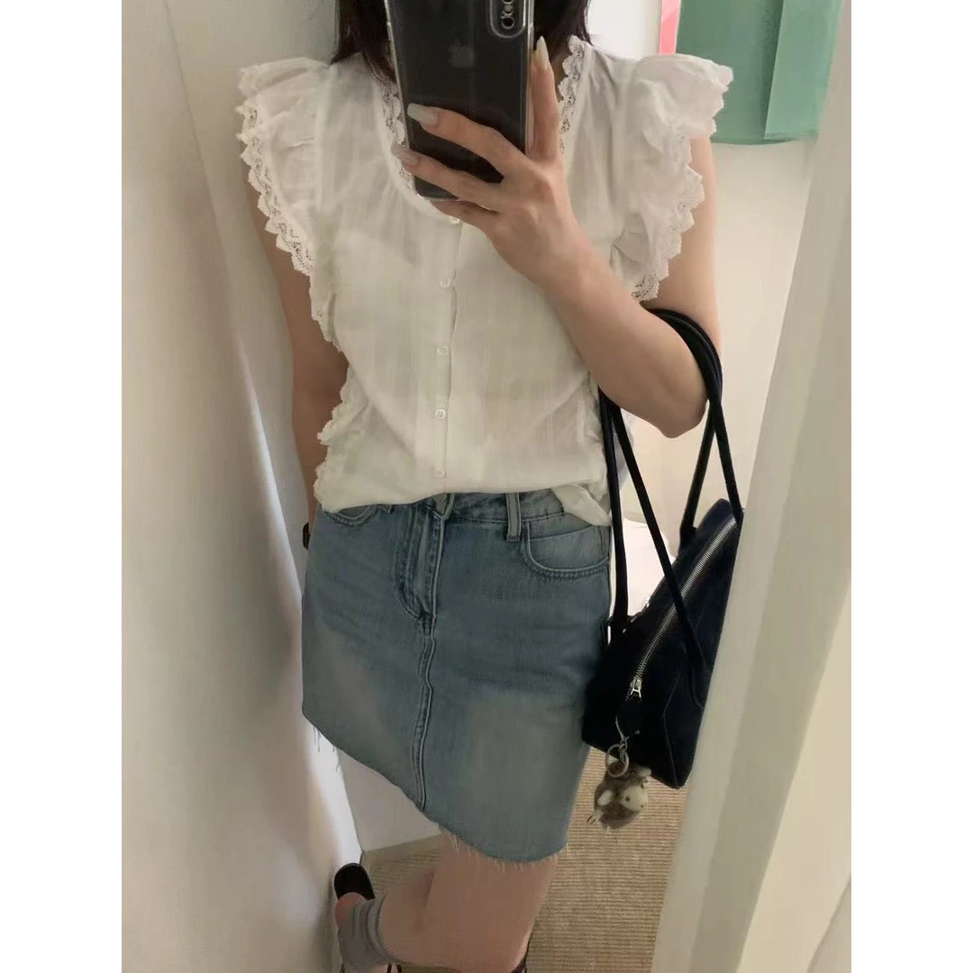 5082#FU#韩系chic气质小众甜美花边拼接无袖小衫(福利)