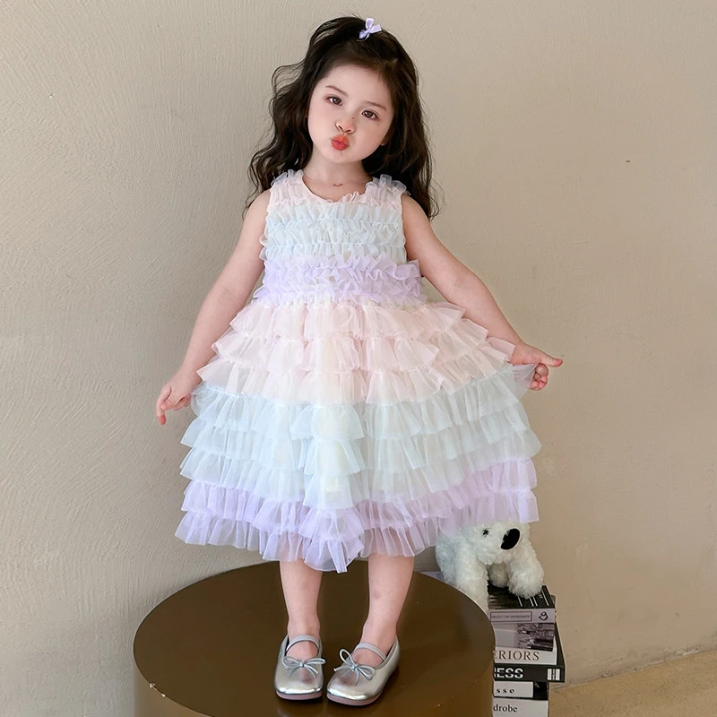 女小童渐变网纱背心连衣裙夏季新款2025洋气小女孩公主蛋糕裙