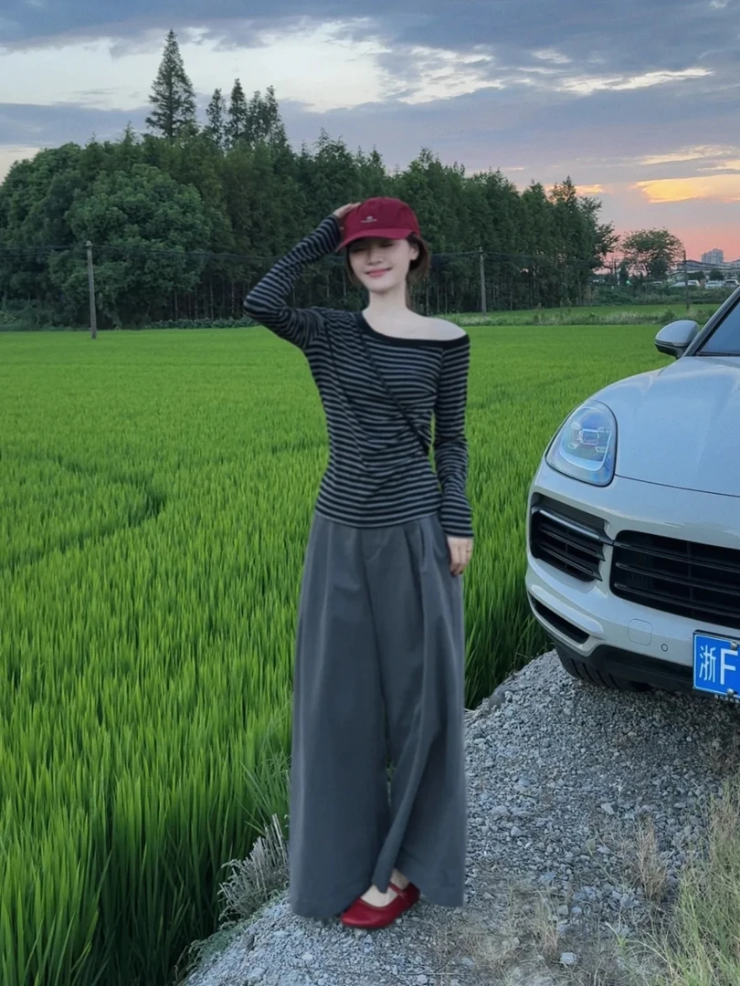 2025秋季新款韩系设计感斜肩长袖条纹上衣休闲阔腿裤气质两件套女