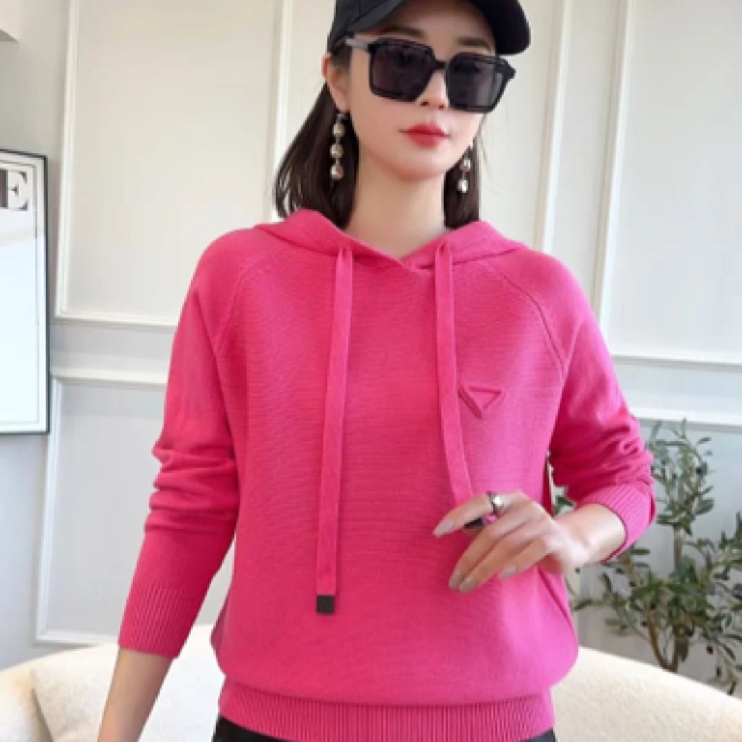 长袖宽松纯色衫帽衫毛针织衫连帽休闲风休闲上衣女