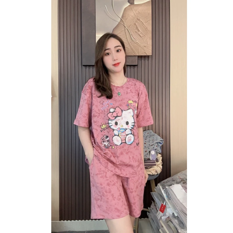 睡衣女夏款纯棉短袖短裤韩版时尚可外穿家居服套装（童话kitty猫）