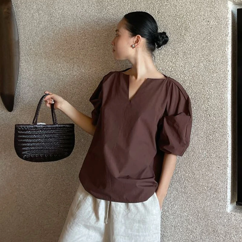 PURITY YH法式衬衫设计小众咖色灯笼短袖夏季新款薄款V领宽松上衣
