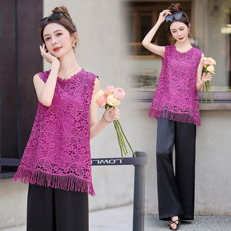 法式镂空蕾丝背心套装女2025夏季新款高级感时尚气质阔腿裤两件套