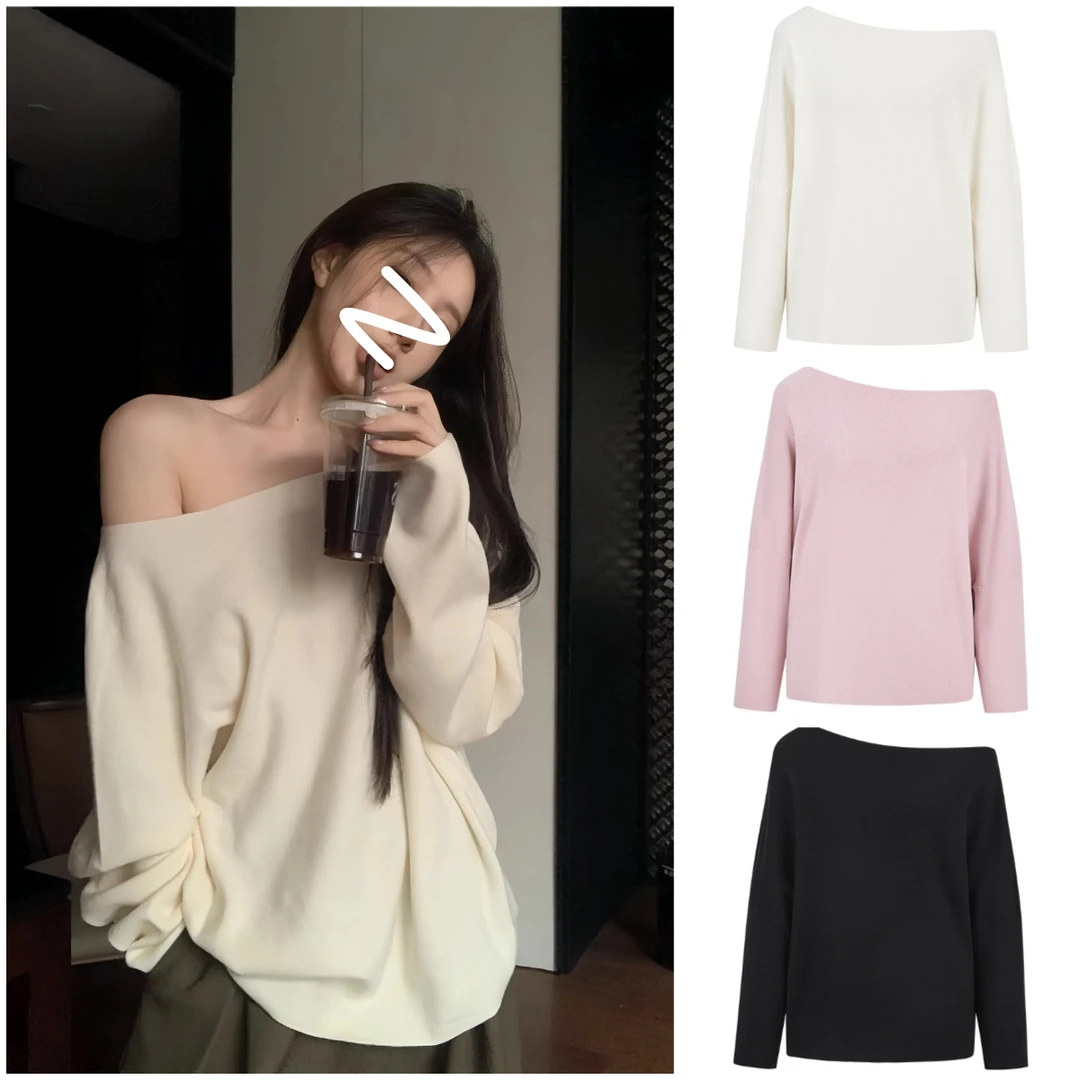 超显瘦 | 纯欲慵懒风松弛斜肩长袖针织秋冬新款气质宽松露肩上衣