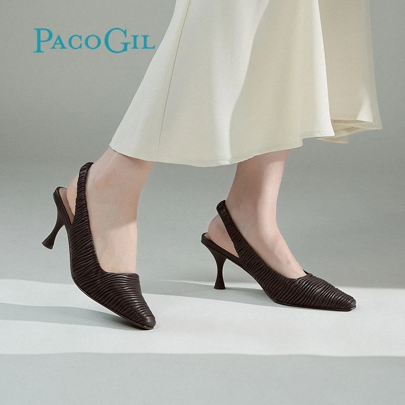 PACO GIL女鞋时尚啡色2024春季新款法式气质尖头细高跟鞋包头凉鞋